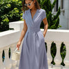 Vestido Midi con Pliegues y Bolsillos de Cuello Azul