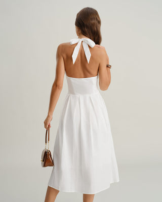 Vestido Midi Sin Mangas con Cuello Halter en Blanco