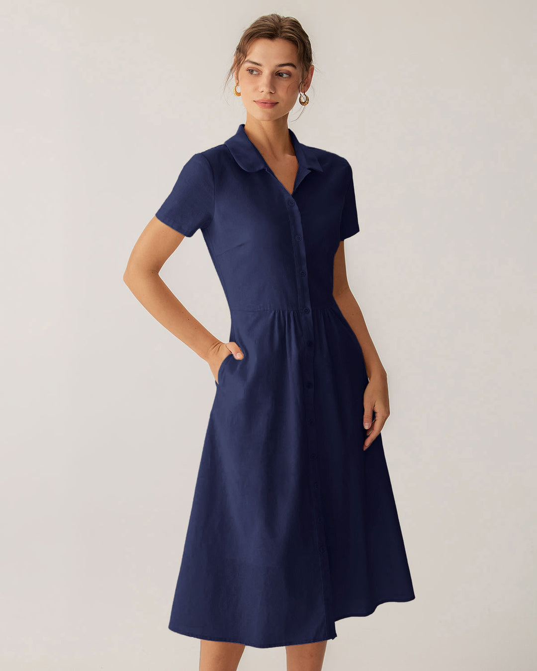 Vestido Midi de Manga Corta en Color Marino