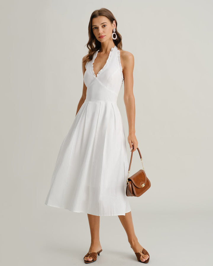 Vestido Midi Sin Mangas con Cuello Halter en Blanco