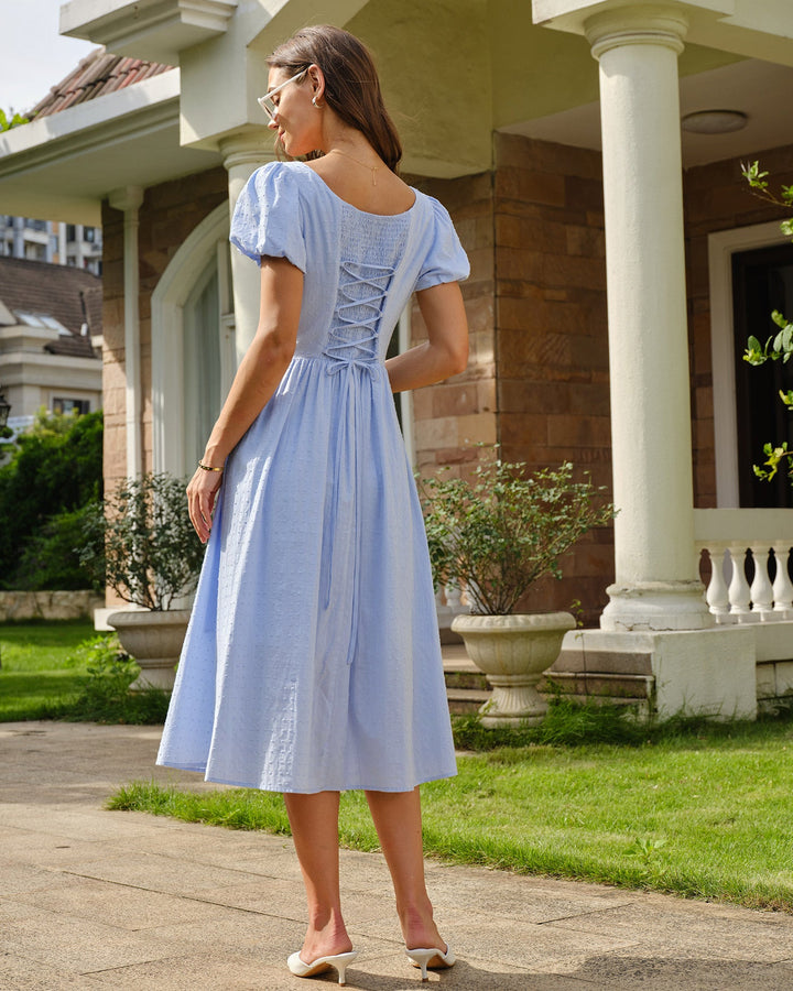 Vestido Midi con Cuello Cuadrado, Mangas Abullonadas y Cinturón Azul