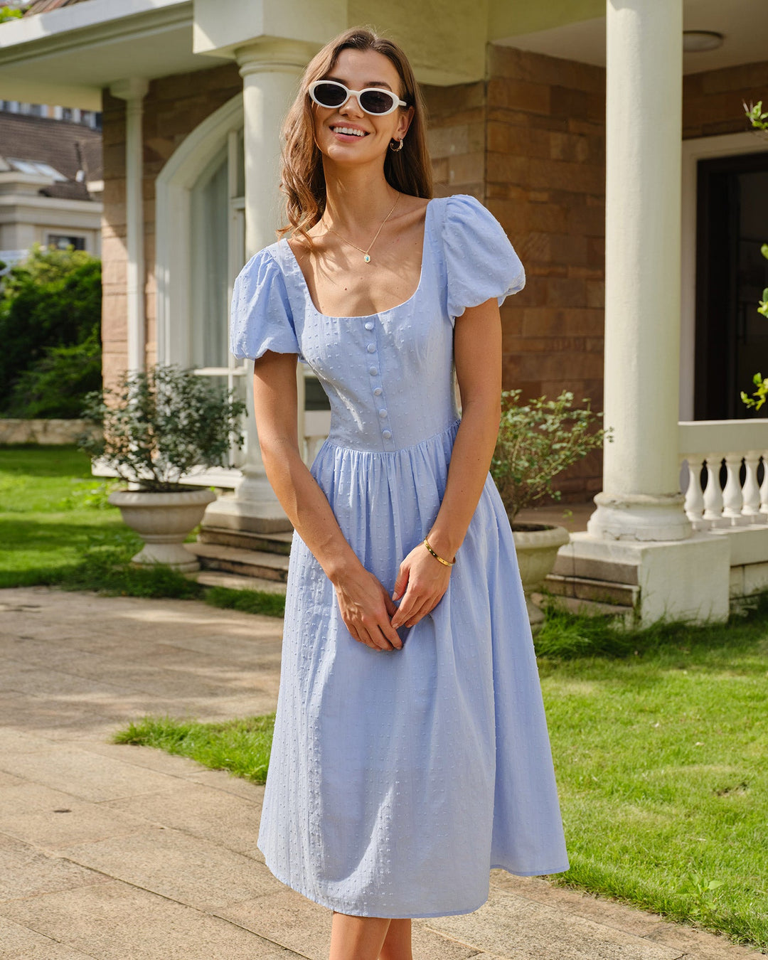Vestido Midi con Cuello Cuadrado, Mangas Abullonadas y Cinturón Azul