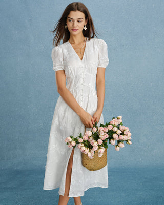 Vestido Midi de Bordado con Mangas Abullonadas Blancas