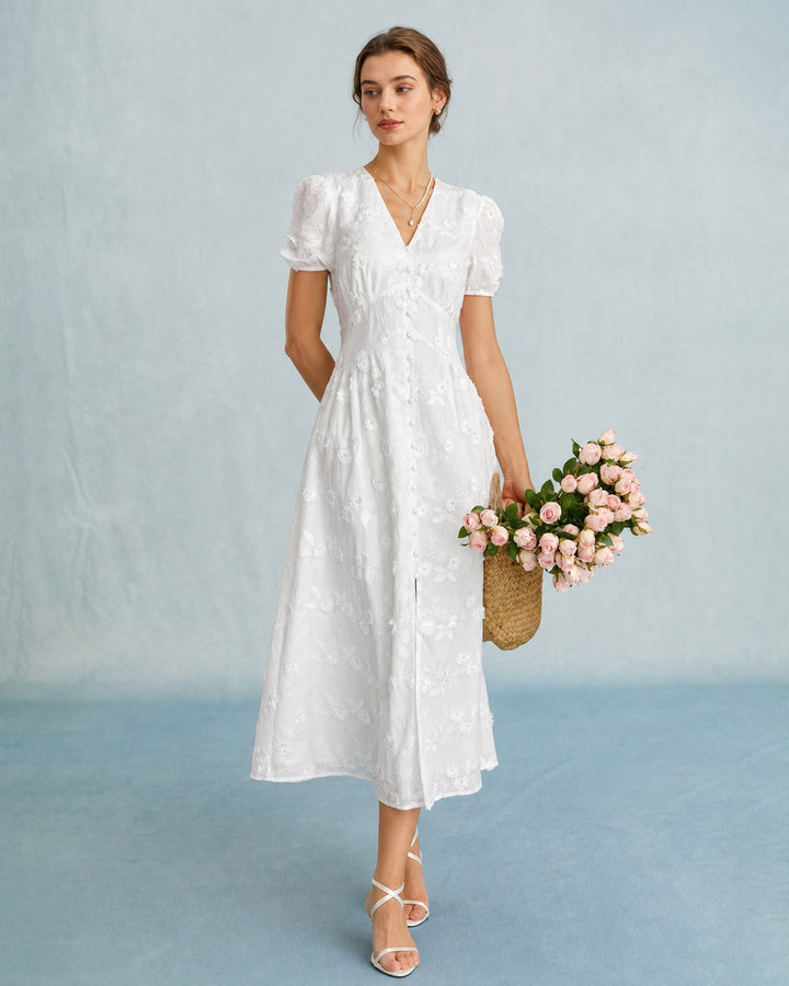 Vestido Midi de Bordado con Mangas Abullonadas Blancas