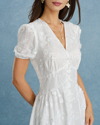 Vestido Midi de Bordado con Mangas Abullonadas Blancas