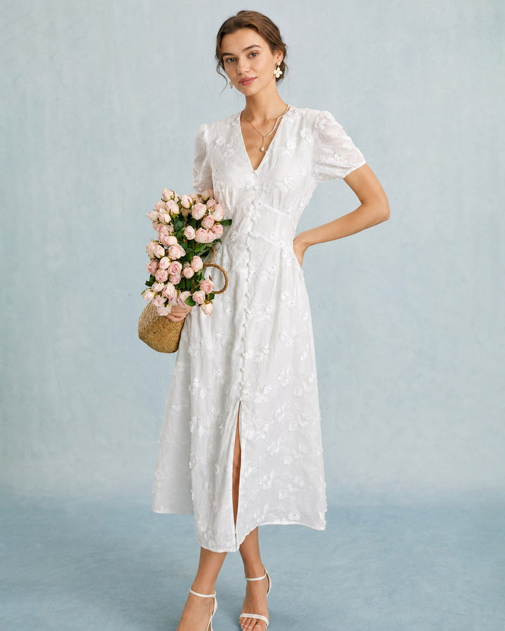 Vestido Midi de Bordado con Mangas Abullonadas Blancas