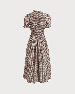 Vestido Midi de Manga Abullonada a Rayas de Café