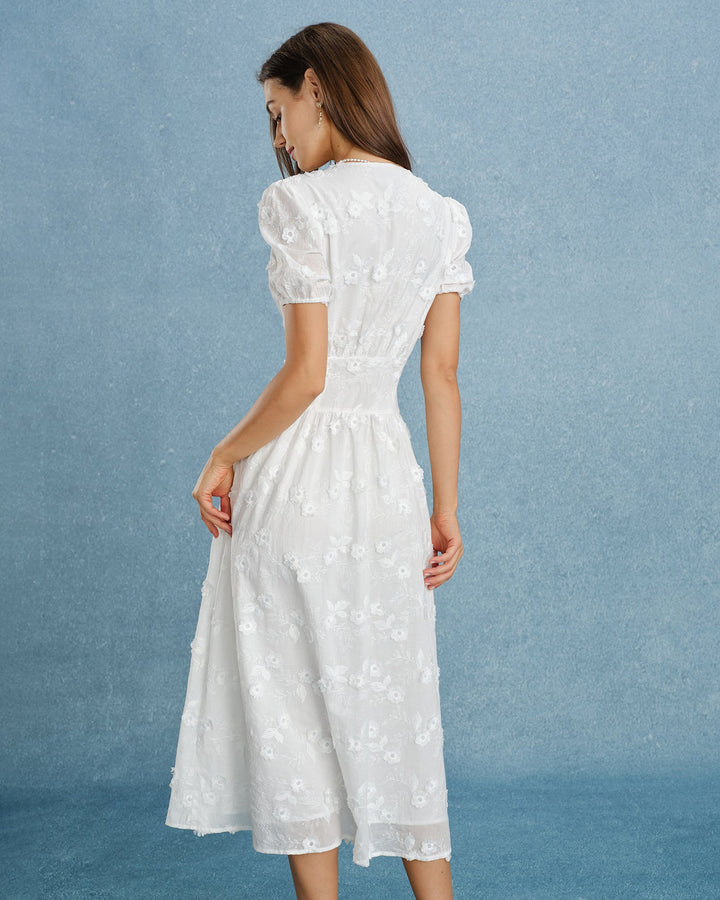 Vestido Midi de Bordado con Mangas Abullonadas Blancas