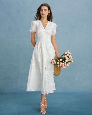 Vestido Midi de Bordado con Mangas Abullonadas Blancas
