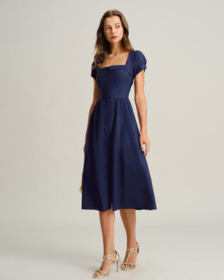 Vestido Midi A-Line de Cuello Cuadrado y Mangas Cortas en Color Marino