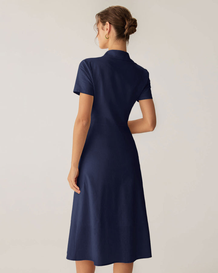 Vestido Midi de Manga Corta en Color Marino