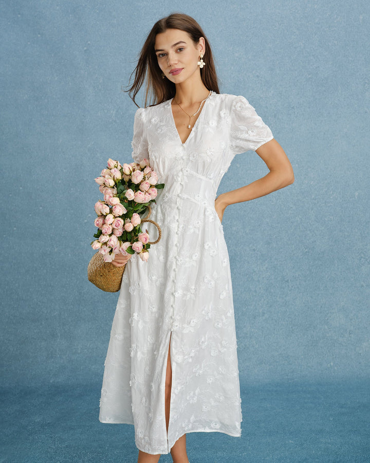 Vestido Midi de Bordado con Mangas Abullonadas Blancas