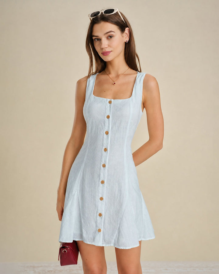 Vestido Mini Texturizado de Cuello Cuadrado Azul