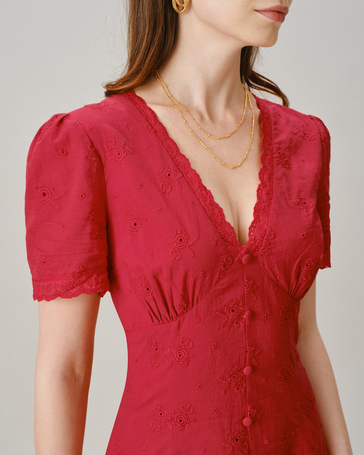 Vestido Mini de Encaje con Botones y Cuello en V Rojo