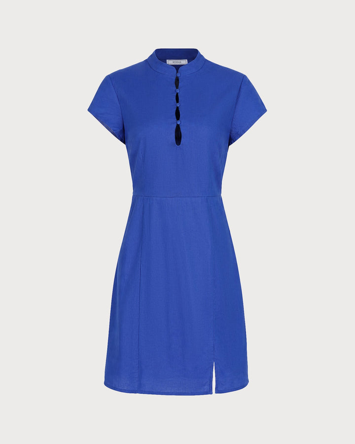 Vestido Mini con Cuello Mandarin y Abertura Azul