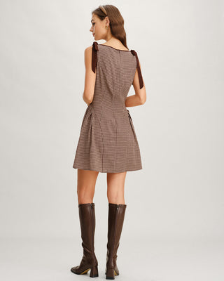 Vestido Mini de Tirantes con Cuadros Marrón