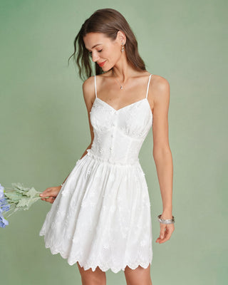 Vestido Mini Slip con Bordado Floral Blanco