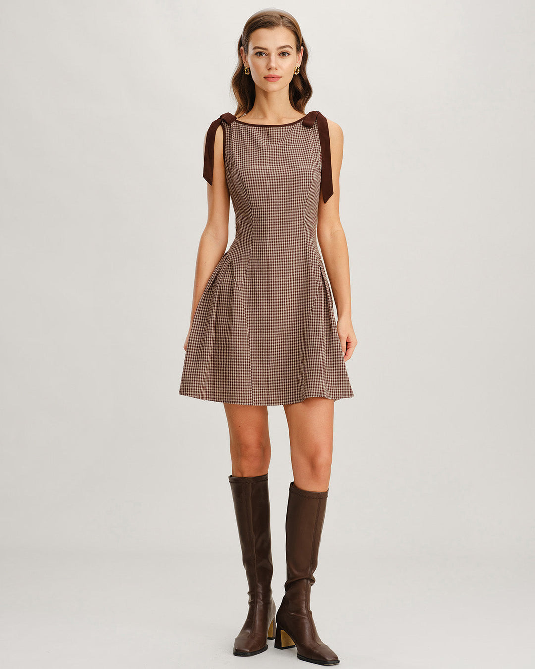 Vestido Mini de Tirantes con Cuadros Marrón