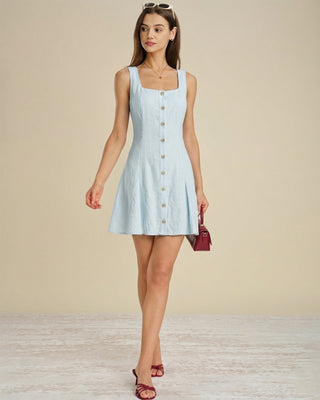 Vestido Mini Texturizado de Cuello Cuadrado Azul