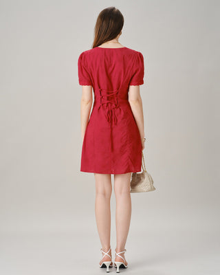 Vestido Mini de Encaje con Botones y Cuello en V Rojo