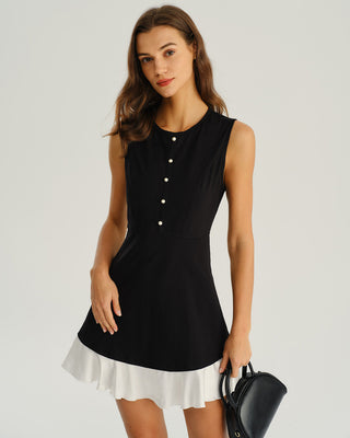 Vestido Mini Sin Mangas A-Line de Contraste Negro