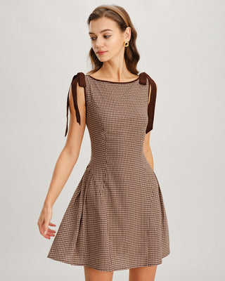 Vestido Mini de Tirantes con Cuadros Marrón