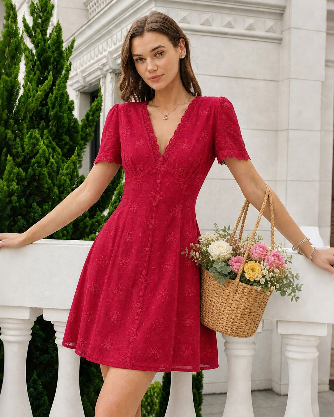 Vestido Mini de Encaje con Botones y Cuello en V Rojo