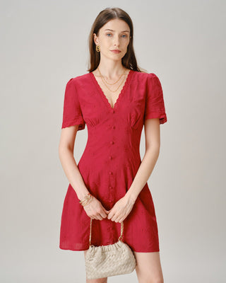 Vestido Mini de Encaje con Botones y Cuello en V Rojo