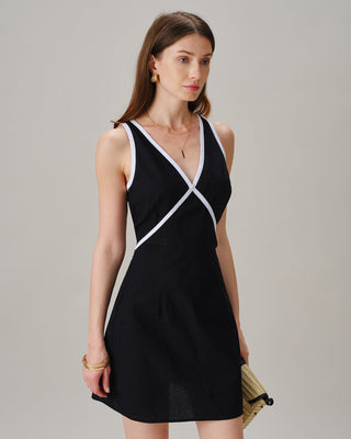 Vestido Mini Sin Mangas con Escote en V Negro