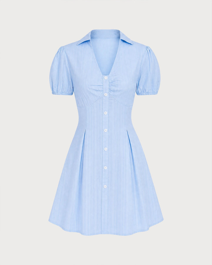 Vestido Mini de Manga Abullonada y Botón de Cuello