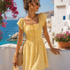 Vestido Mini con Cuello Cuadrado y Botones Amarillo