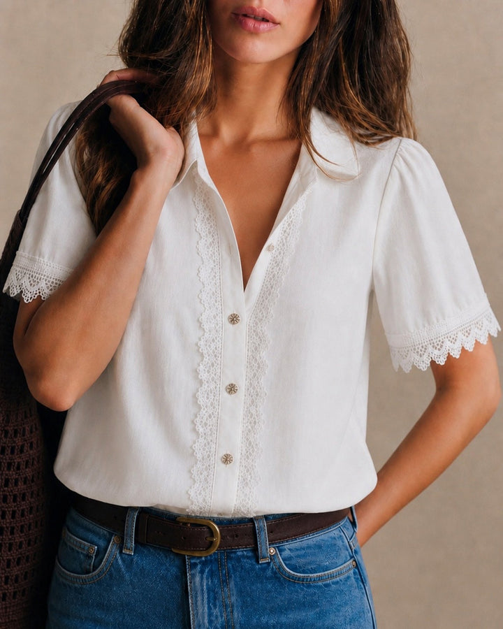 Camisa de Botón con Detalles en Blanco
