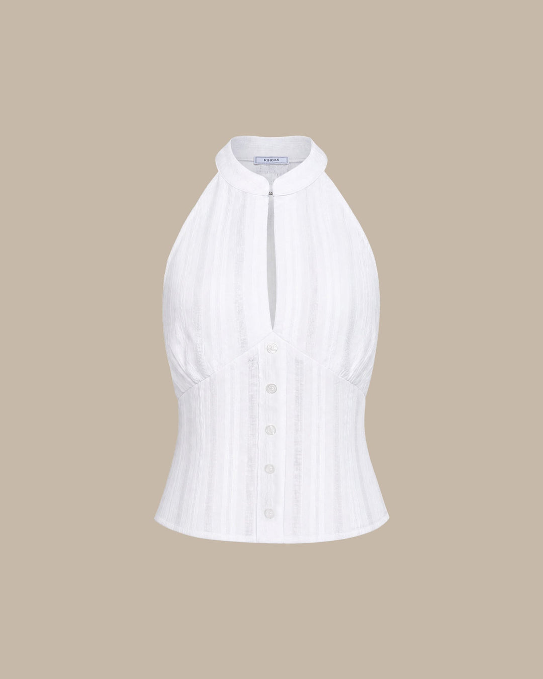 Top sin mangas bordado con cuello mandarín blanco