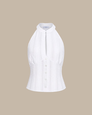 Top sin mangas bordado con cuello mandarín blanco
