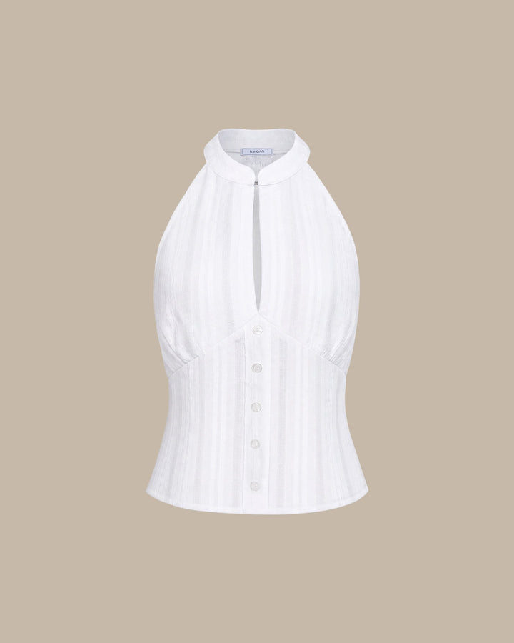 Top sin mangas bordado con cuello mandarín blanco