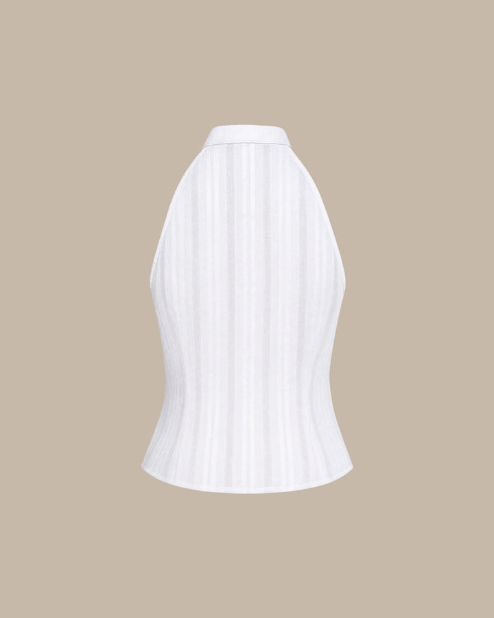 Top sin mangas bordado con cuello mandarín blanco
