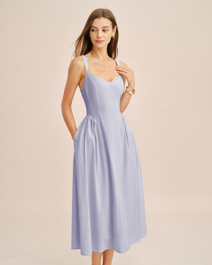 Vestido Midi Deslizante Arrugado Azul Claro