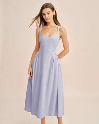 Vestido Midi Deslizante Arrugado Azul Claro