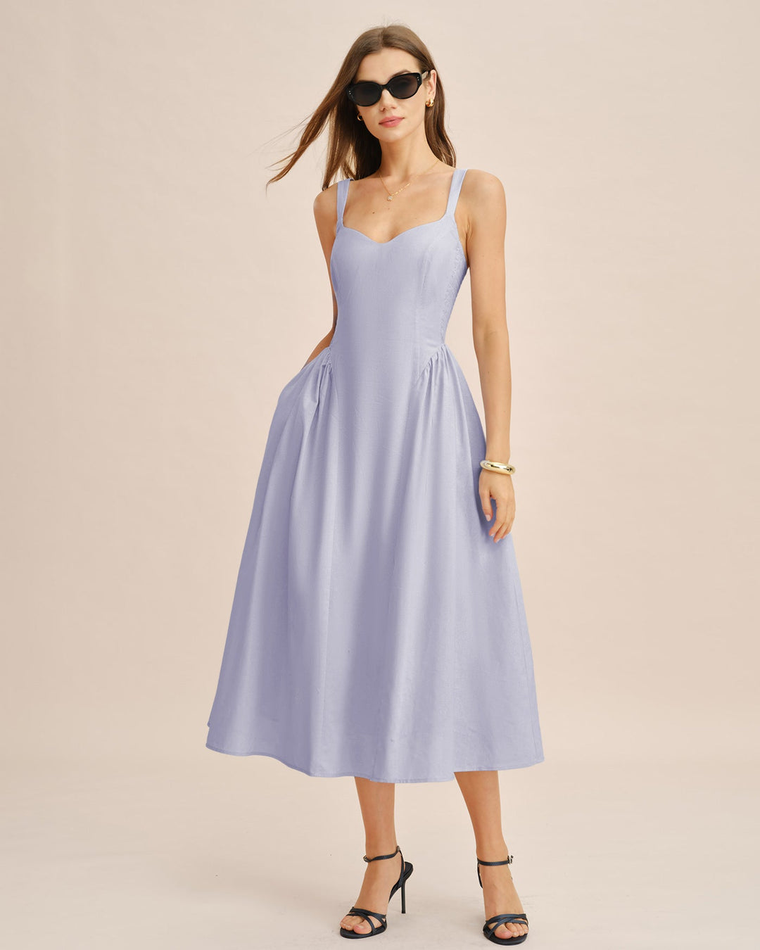 Vestido Midi Deslizante Arrugado Azul Claro