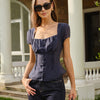 Blusa de Botones con Cuello Cuadrado y Fruncidos en Color Marino