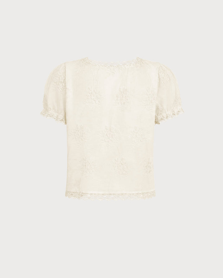 Camiseta Floral de Encaje con Escote Cuadrado en Albaricoque
