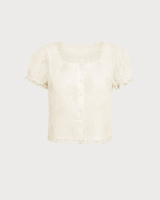 Camiseta Floral de Encaje con Escote Cuadrado en Albaricoque
