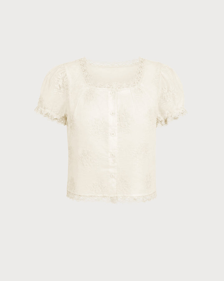 Camiseta Floral de Encaje con Escote Cuadrado en Albaricoque