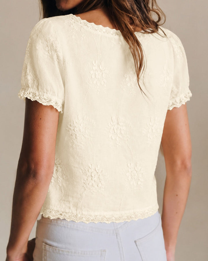 Camiseta Floral de Encaje con Escote Cuadrado en Albaricoque