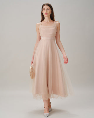 Vestido Midi Deslizante Fluido Plisado de Albaricoque