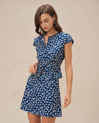 Blusa de Botones con Mangas Cortas y Flores Azules