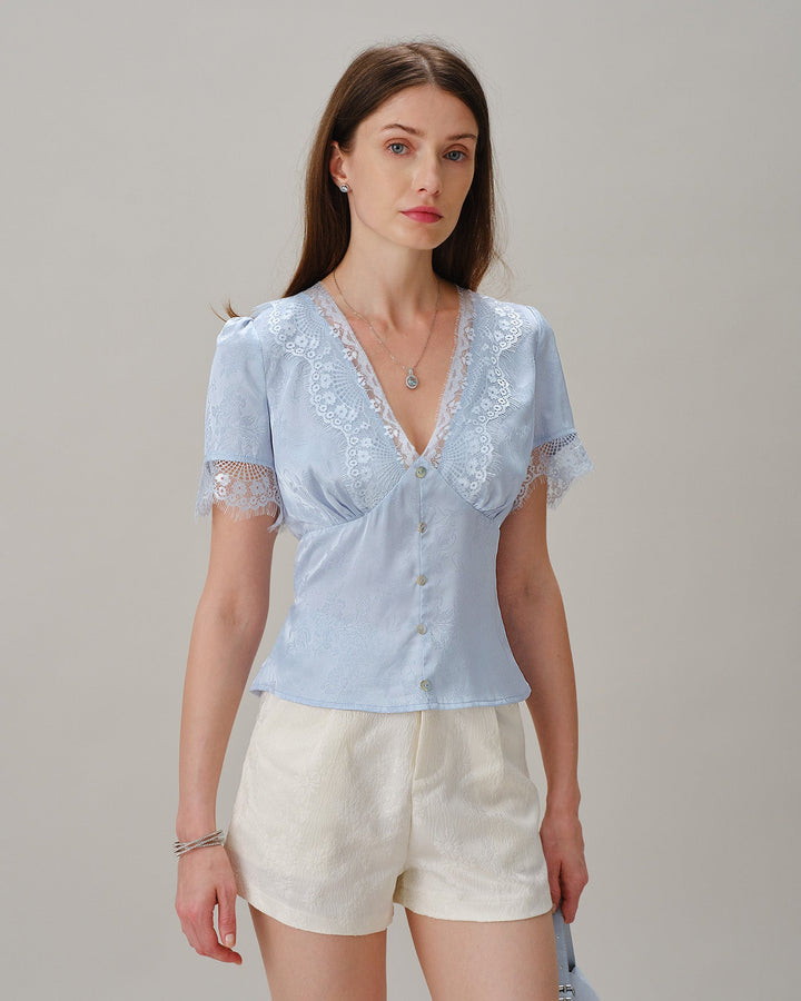 Blusa Jacquard de Encaje con Cuello en V Azul