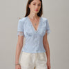 Blusa Jacquard de Encaje con Cuello en V Azul