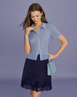 Blusa de Chifón con Botón de Cuello Azul