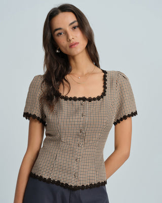 Blusa de Cuello Cuadrado a Cuadros Café